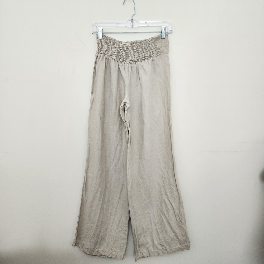 Twentyone Womens XS 100% Linen Wide Leg Pants Smocked Waist Beige Made in USA